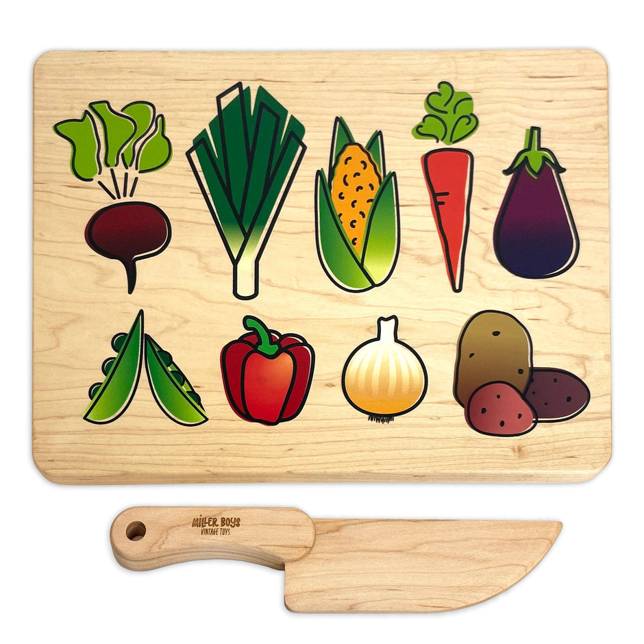 Kid's Chef-in-Training Veggie Wooden Cutting Board with Handcrafted Wooden Knife