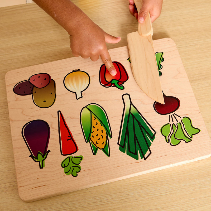 Kid's Chef-in-Training Veggie Wooden Cutting Board with Handcrafted Wooden Knife-zoom-