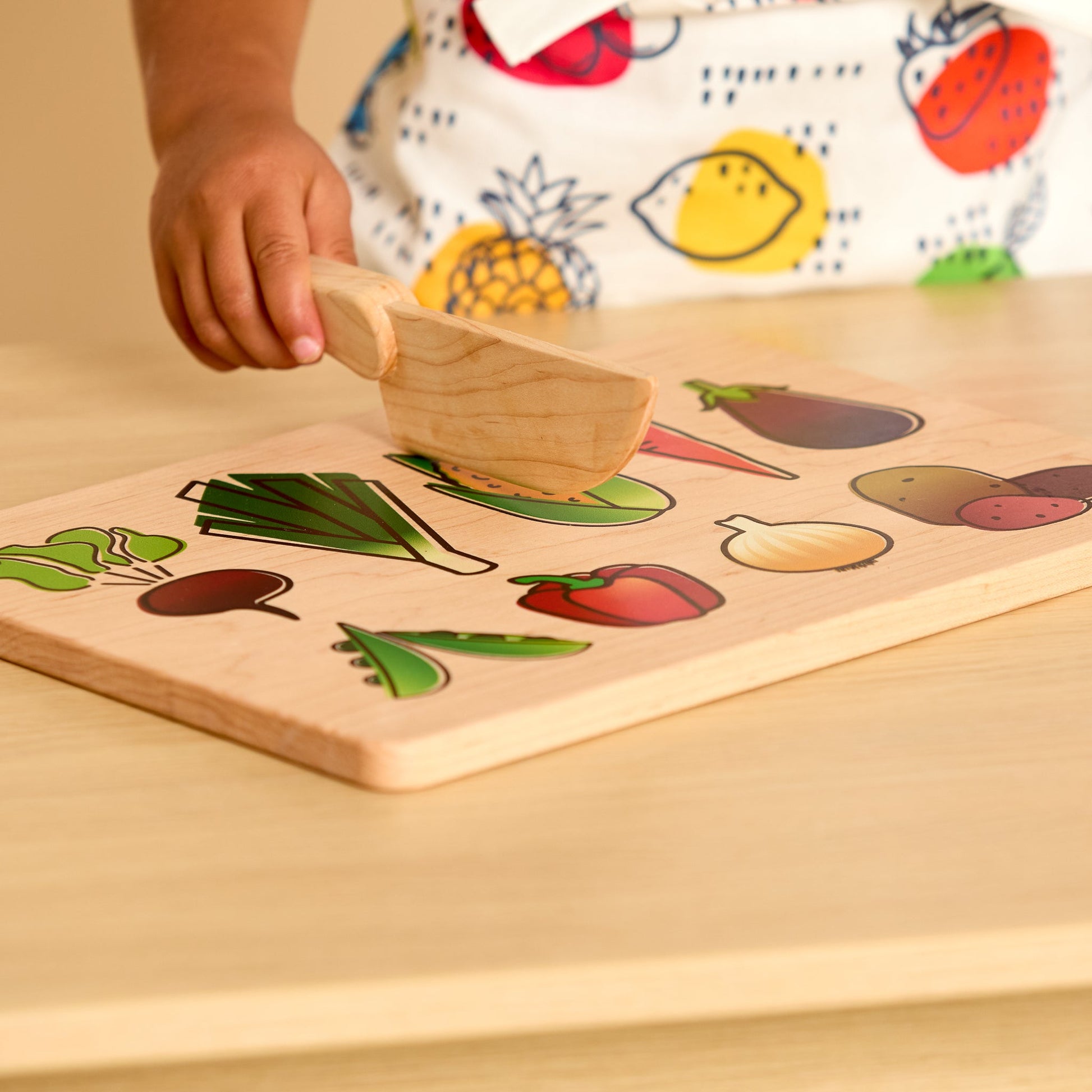 Kid's Chef-in-Training Veggie Wooden Cutting Board with Handcrafted Wooden Knife-3