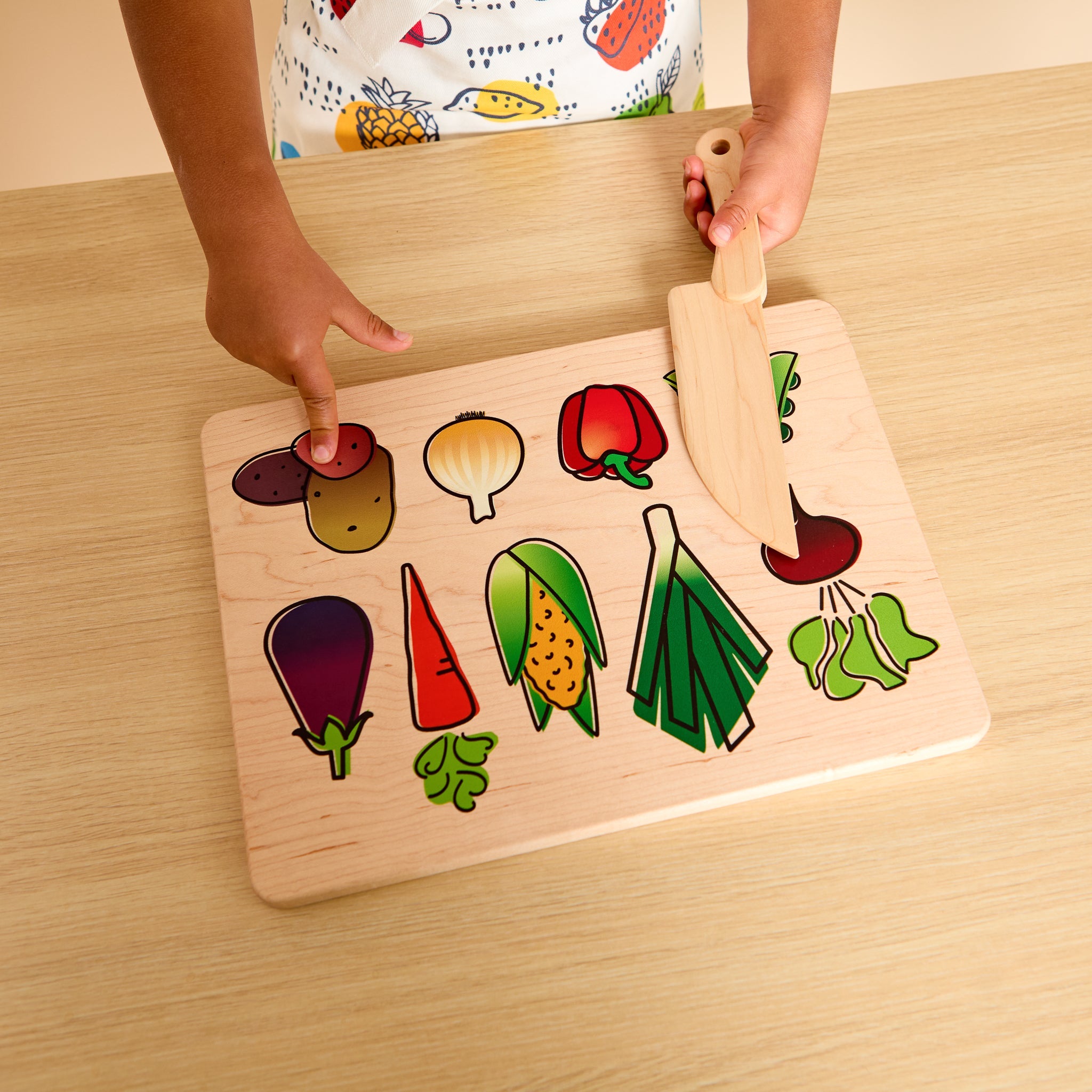 Kid's Chef-in-Training Veggie Wooden Cutting Board with Handcrafted Wooden Knife-zoom-5