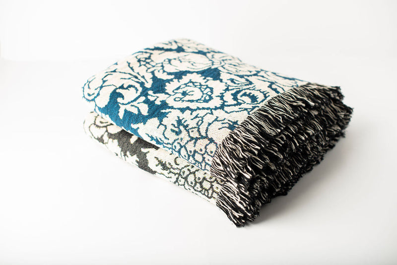 Verona Cerulean Blue Damask Floral Jacquard Woven Throw Blanket-zoom-