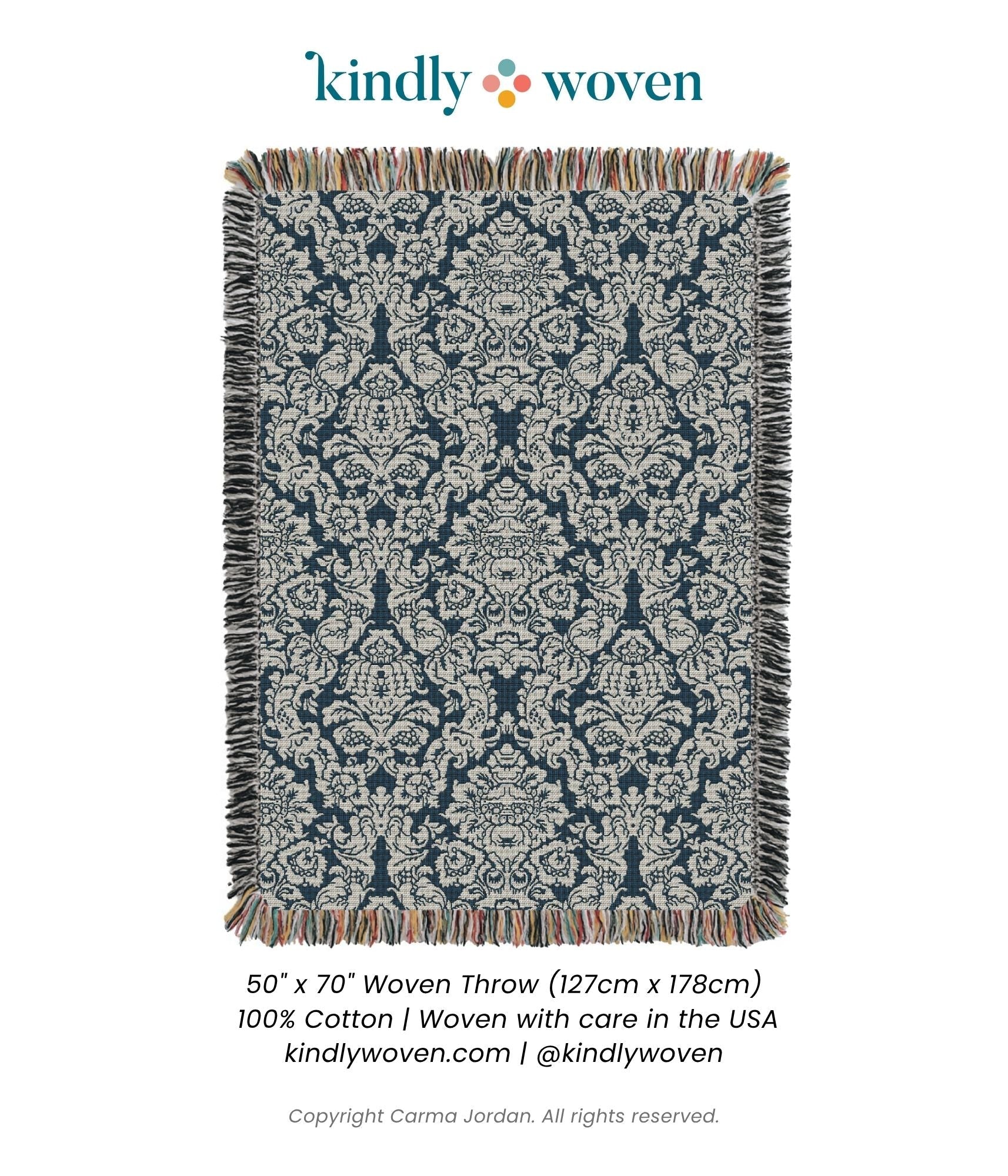 Verona Cerulean Blue Damask Floral Jacquard Woven Throw Blanket-zoom-6