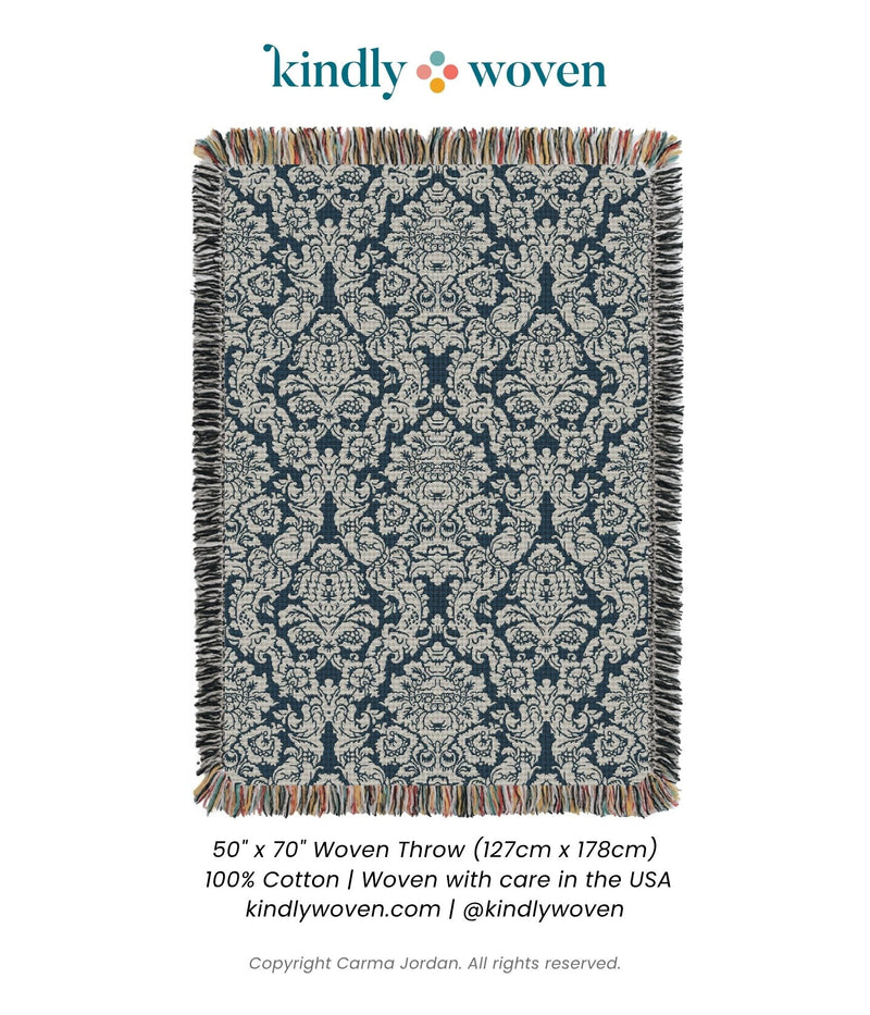 Verona Cerulean Blue Damask Floral Jacquard Woven Throw Blanket-zoom-