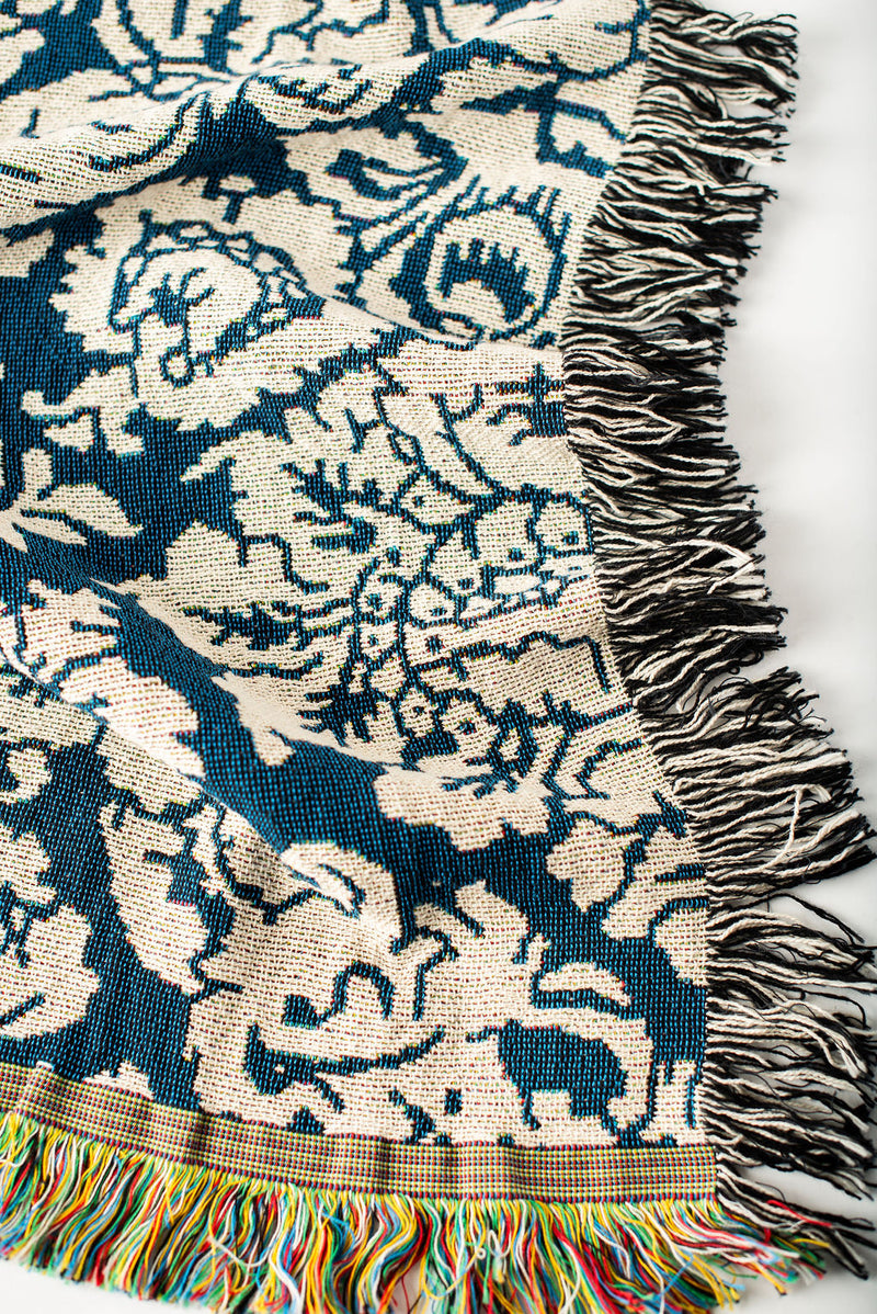 Verona Cerulean Blue Damask Floral Jacquard Woven Throw Blanket-zoom-