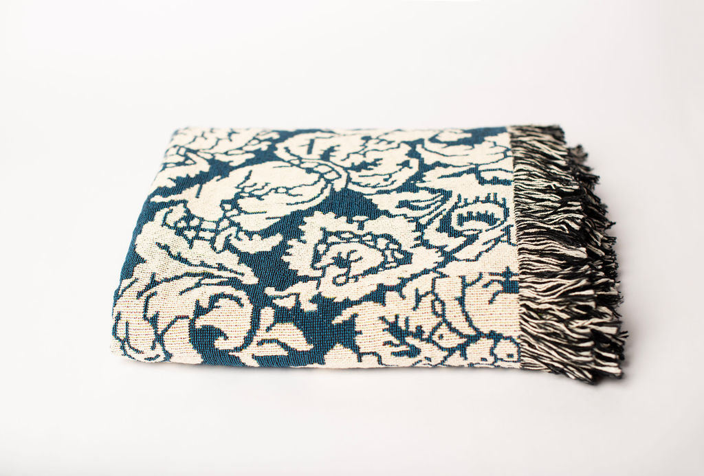 Verona Cerulean Blue Damask Floral Jacquard Woven Throw Blanket-3