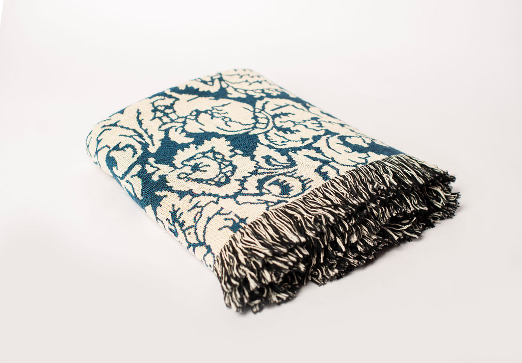 Verona Cerulean Blue Damask Floral Jacquard Woven Throw Blanket-zoom-2
