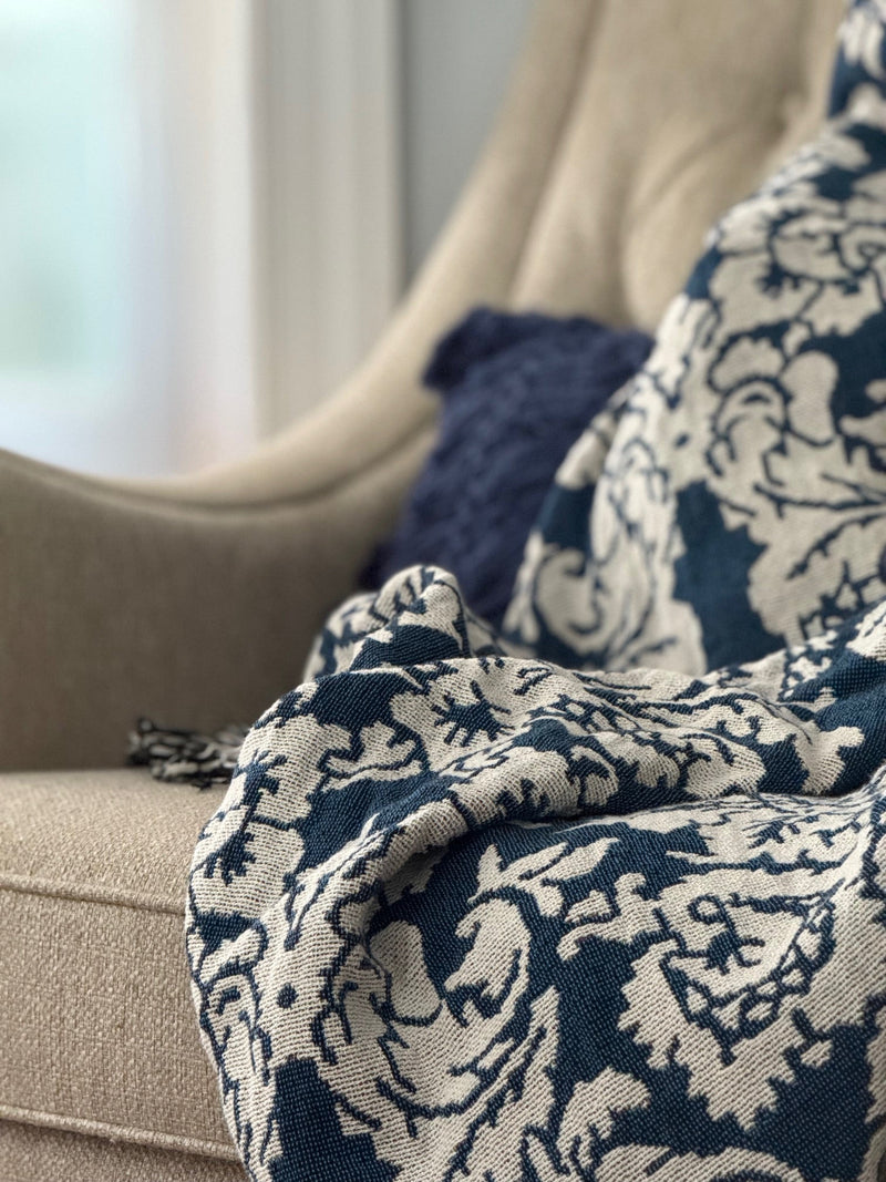 Verona Cerulean Blue Damask Floral Jacquard Woven Throw Blanket-zoom-