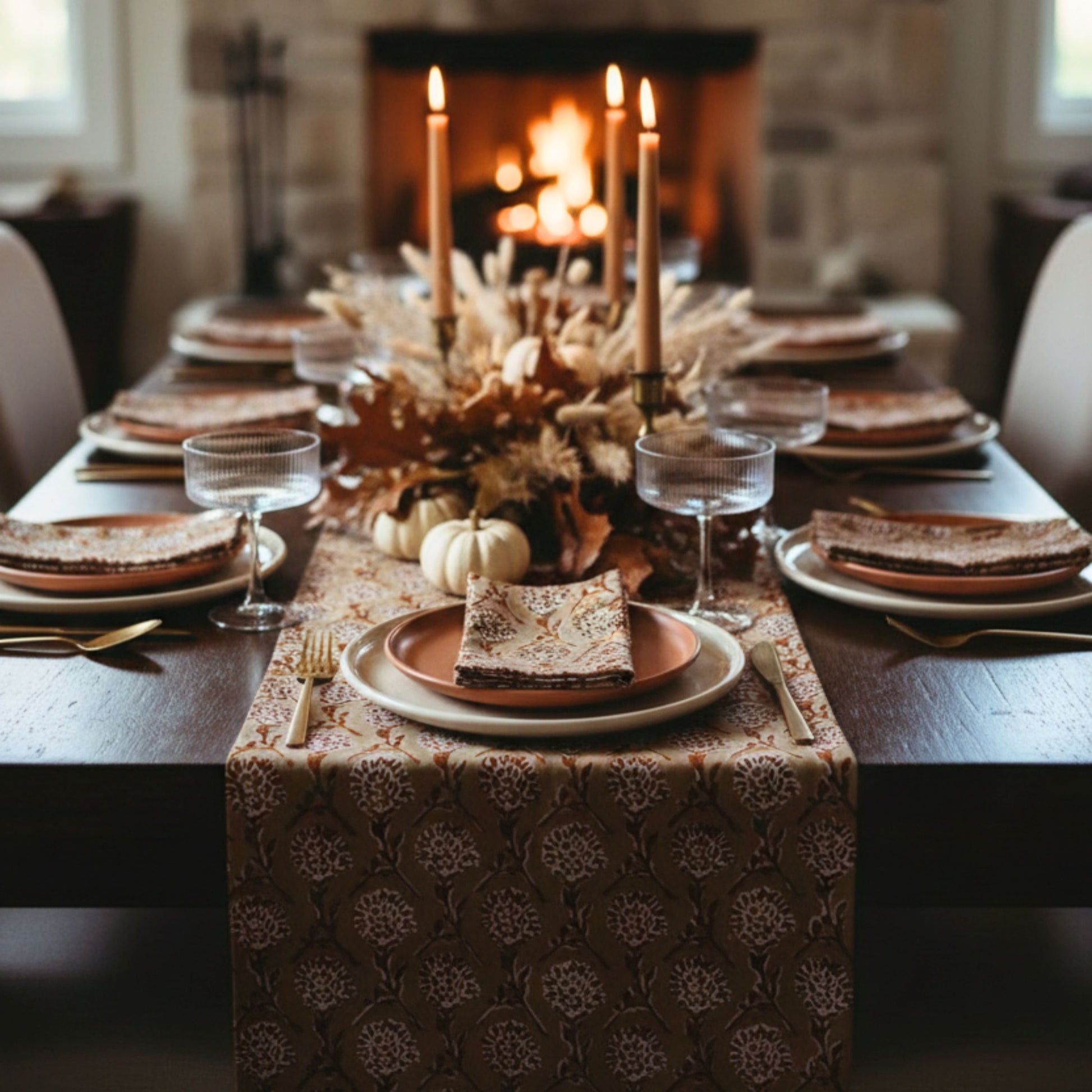 Nikhar Hand-Printed Linen Table Runner – Chai Brown-2
