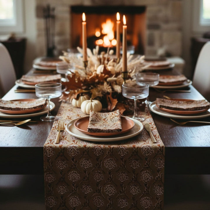 Nikhar Hand-Printed Linen Table Runner – Chai Brown - Aware House - Banyan & Birch -