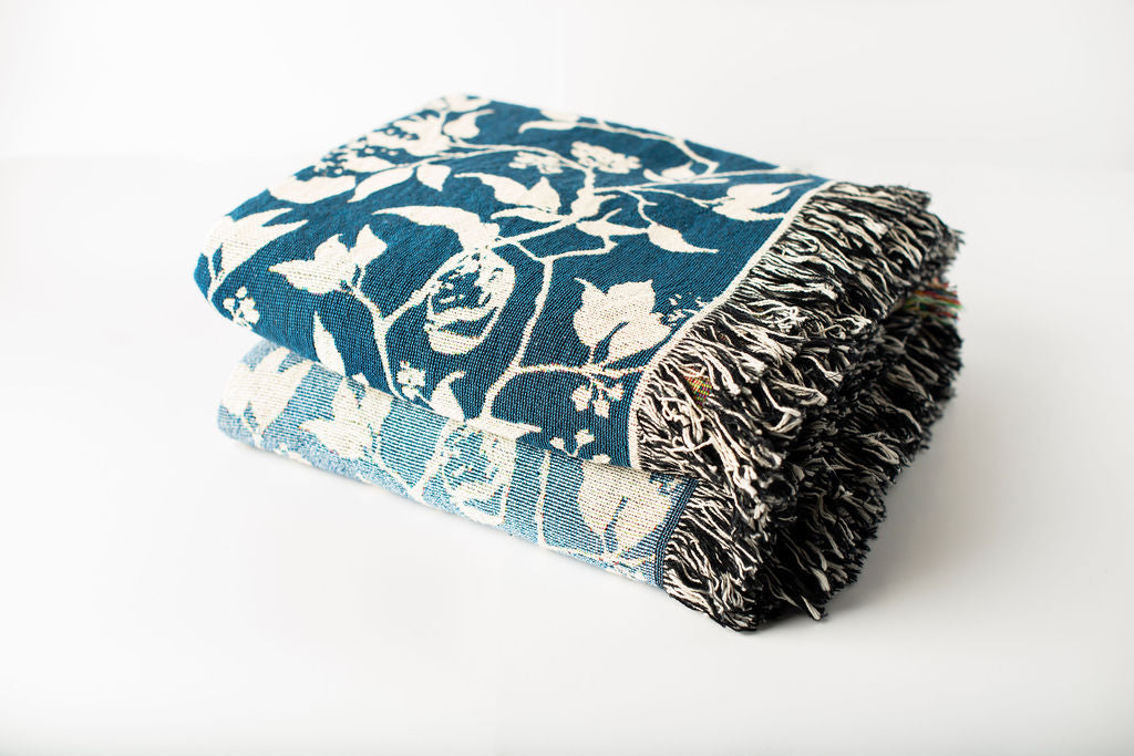Wren Tidesong Teal Bird and Botanical Jacquard Woven Throw Blanket, 100% Cotton, Made in USA-zoom-6