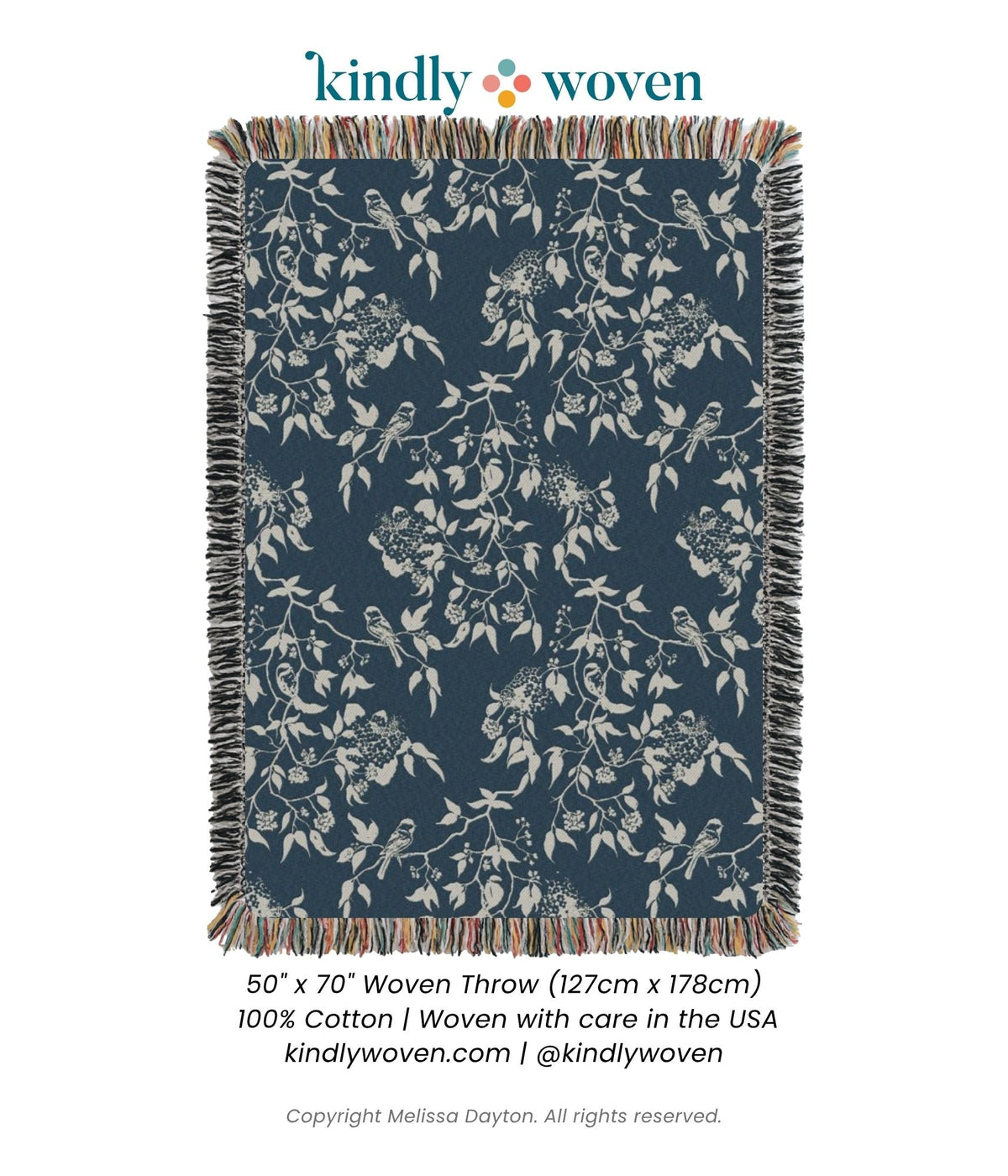 Wren Tidesong Teal Bird and Botanical Jacquard Woven Throw Blanket, 100% Cotton, Made in USA-7