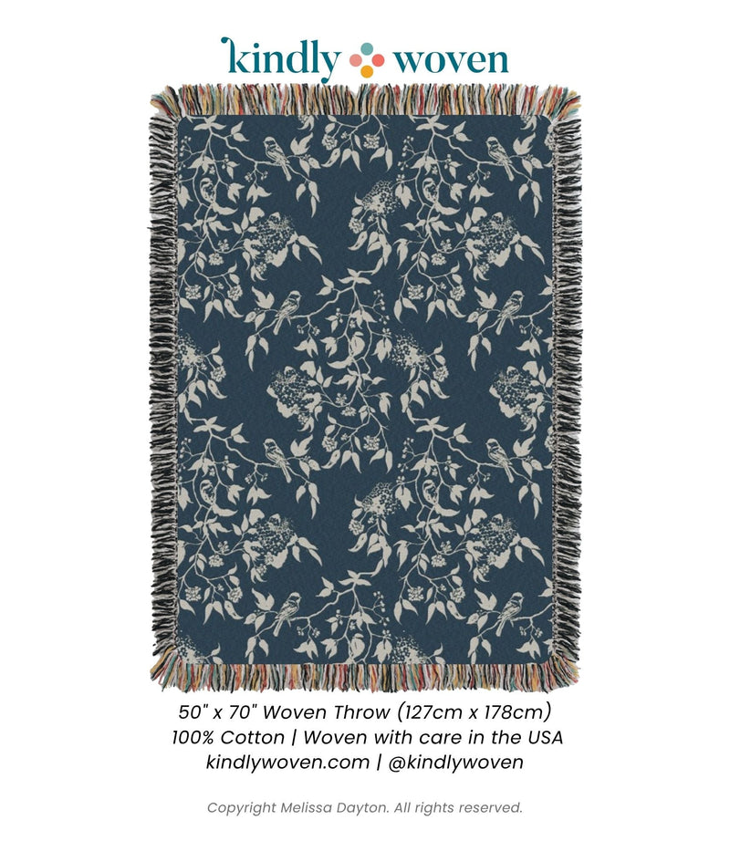 Wren Tidesong Teal Bird and Botanical Jacquard Woven Throw Blanket, 100% Cotton, Made in USA-zoom-