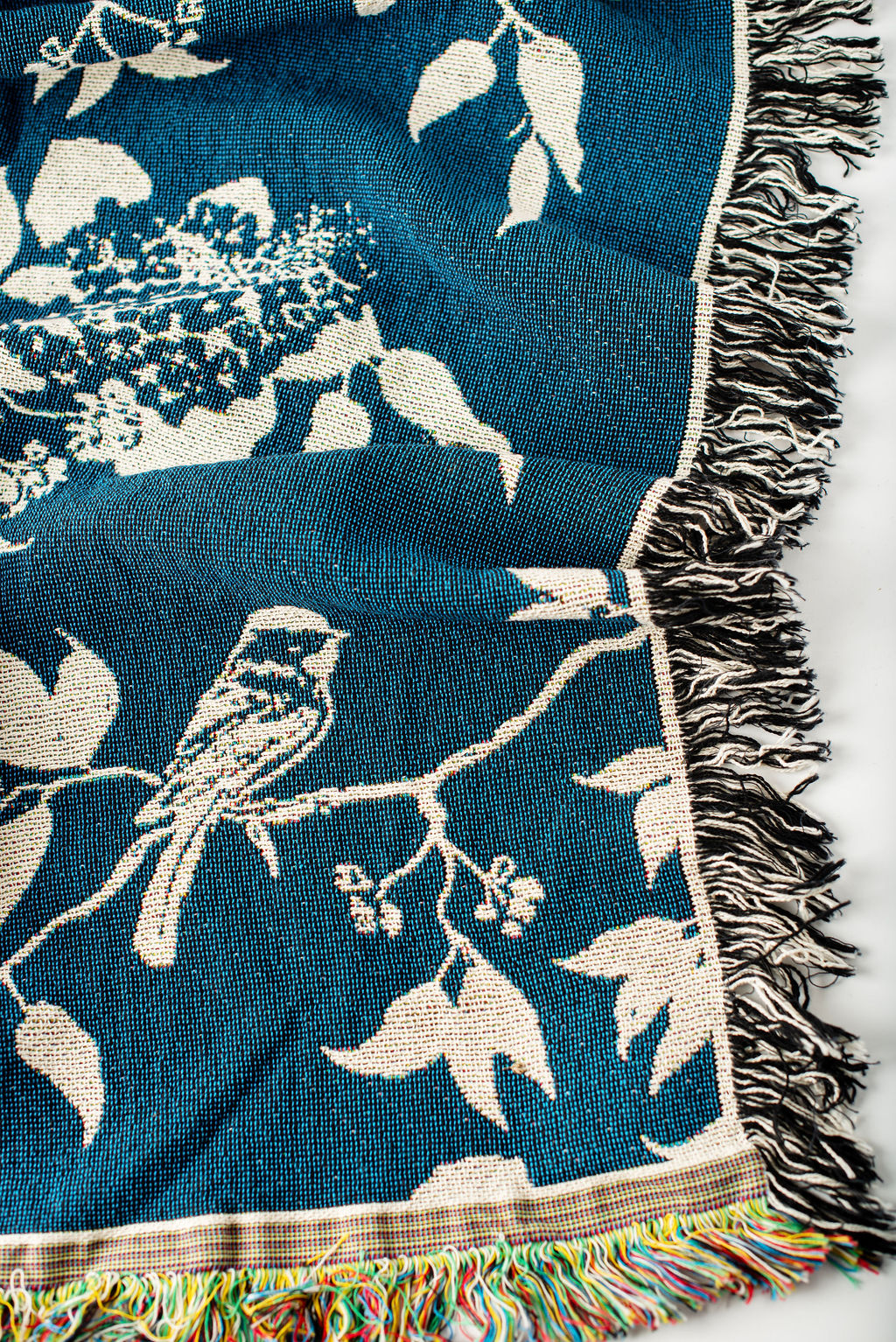 Wren Tidesong Teal Bird and Botanical Jacquard Woven Throw Blanket, 100% Cotton, Made in USA-1