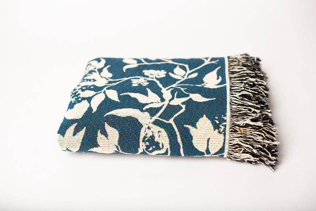Wren Tidesong Teal Bird and Botanical Jacquard Woven Throw Blanket, 100% Cotton, Made in USA-5