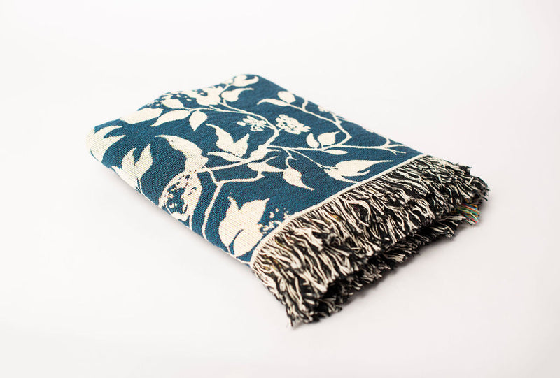 Wren Tidesong Teal Bird and Botanical Jacquard Woven Throw Blanket, 100% Cotton, Made in USA-zoom-
