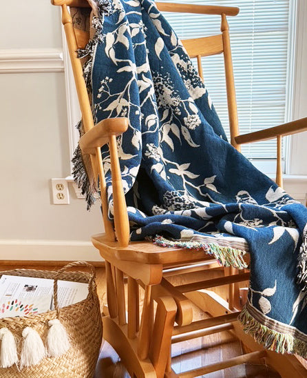 Wren Tidesong Teal Bird and Botanical Jacquard Woven Throw Blanket, 100% Cotton, Made in USA-3
