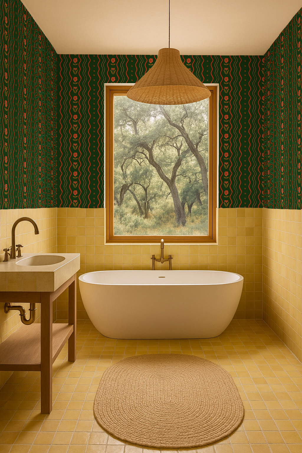 Posy Lane Stripe Wallpaper, dark green and poppy red-zoom-1