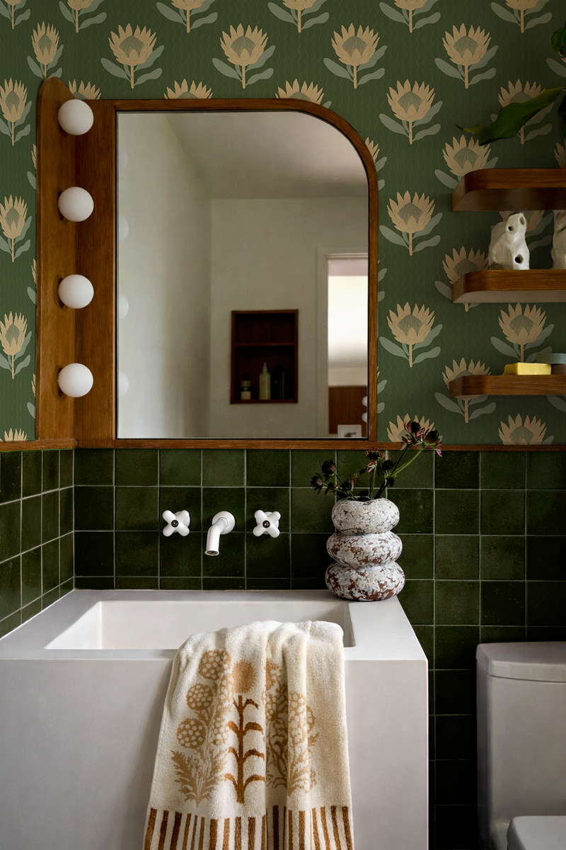 King Protea Wallpaper, forest green and butter yellow-zoom-