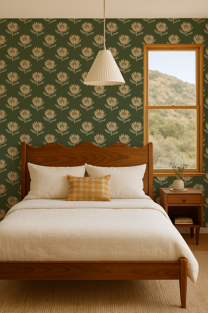 King Protea Wallpaper, forest green and butter yellow-zoom-