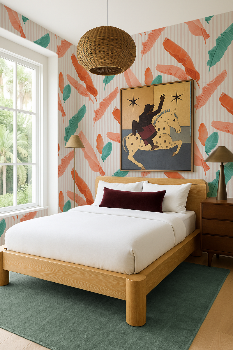 Banana Cabana Wallpaper, coral and teal-zoom-