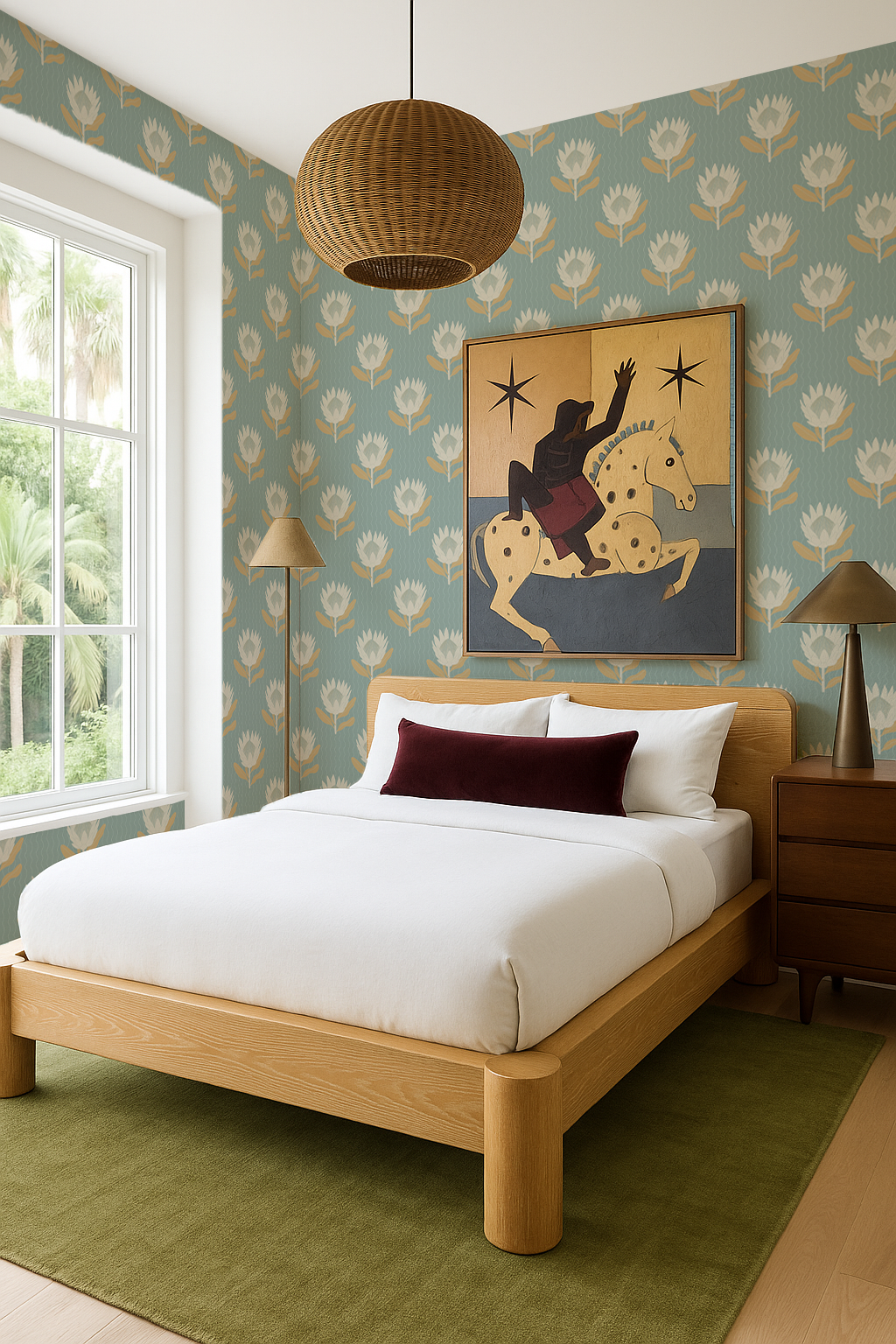 King Protea Wallpaper, Light Blue and Apricot-3