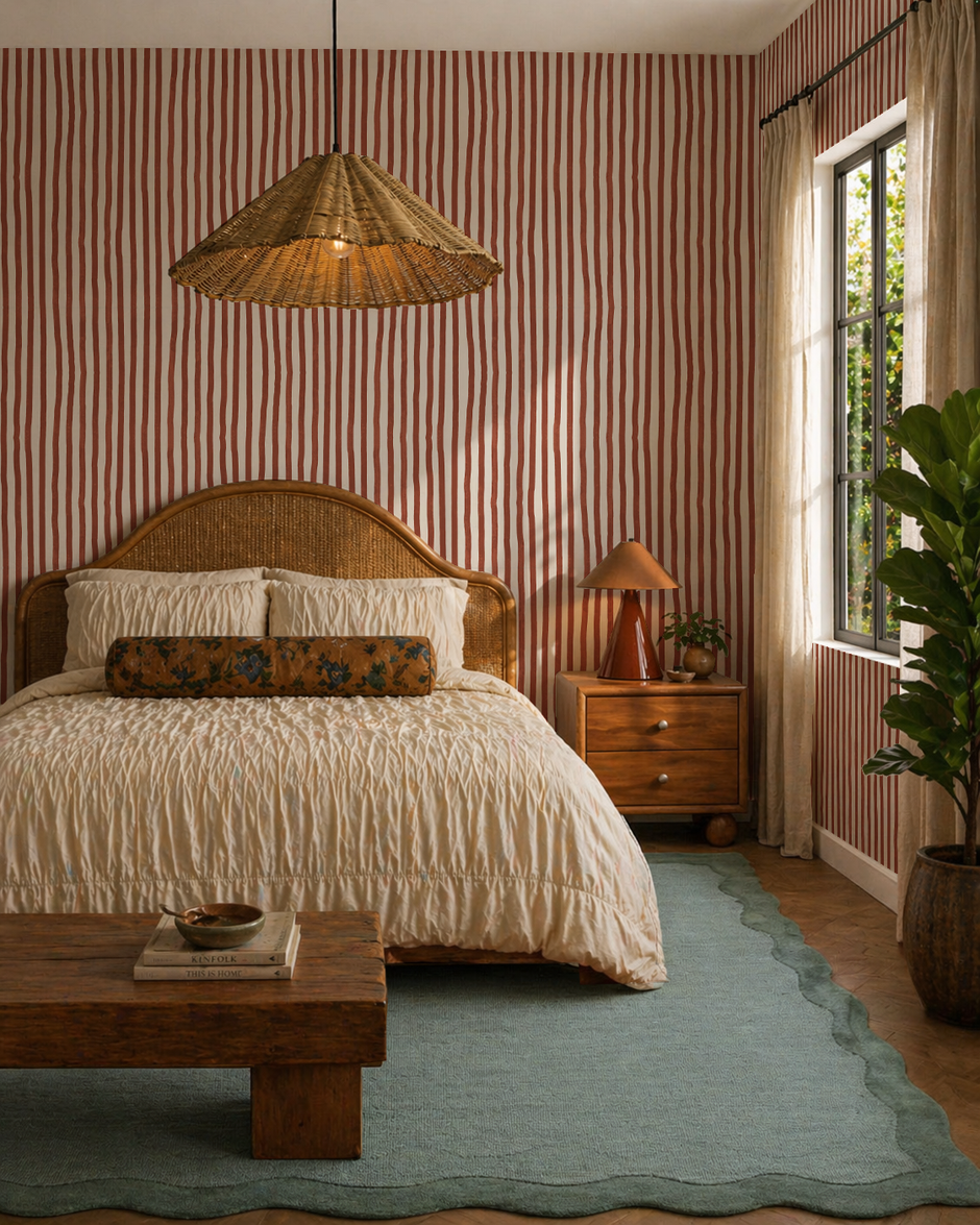 Dolce Stripe Wallpaper, off-white and brick red