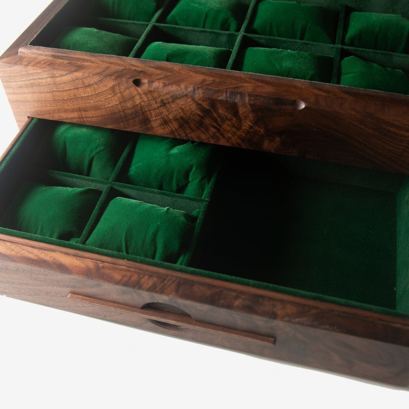 Watch Box with Drawer | Solid Black Walnut | 12 to 16 Watch Compartments-zoom-
