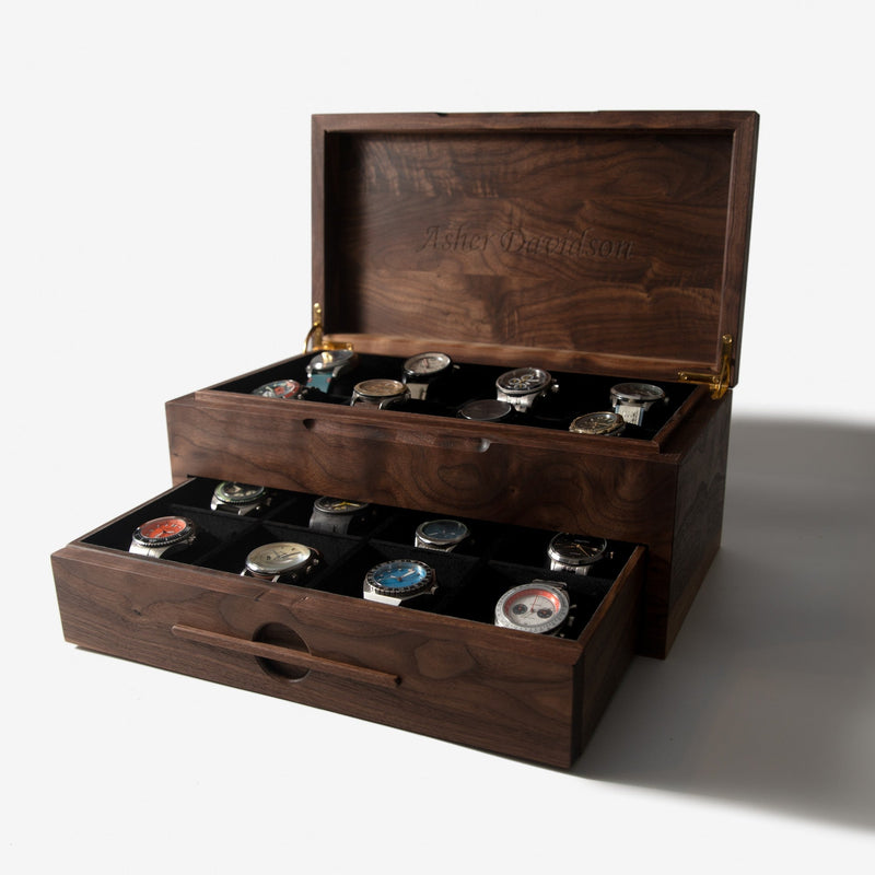 Watch Box with Drawer | Solid Black Walnut | 12 to 16 Watch Compartments-zoom-
