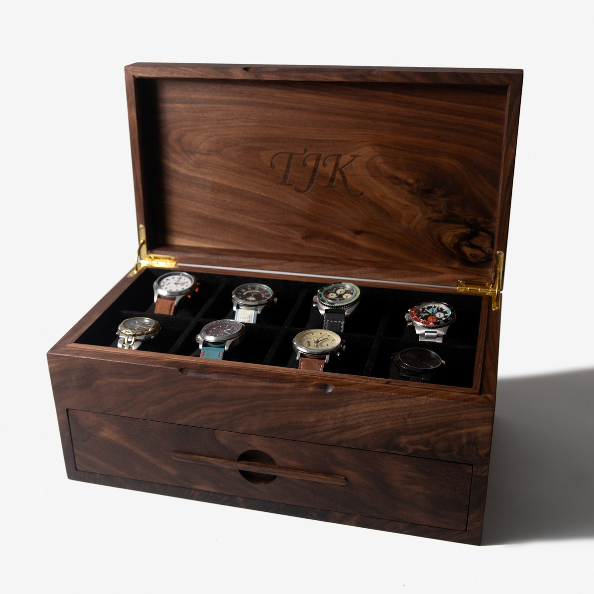 Watch Box with Drawer | Solid Black Walnut | 12 to 16 Watch Compartments-22