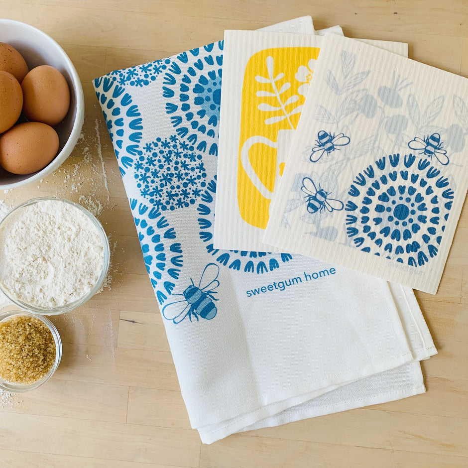 Bloom Tea Towel + Swedish Dishcloths Bundle