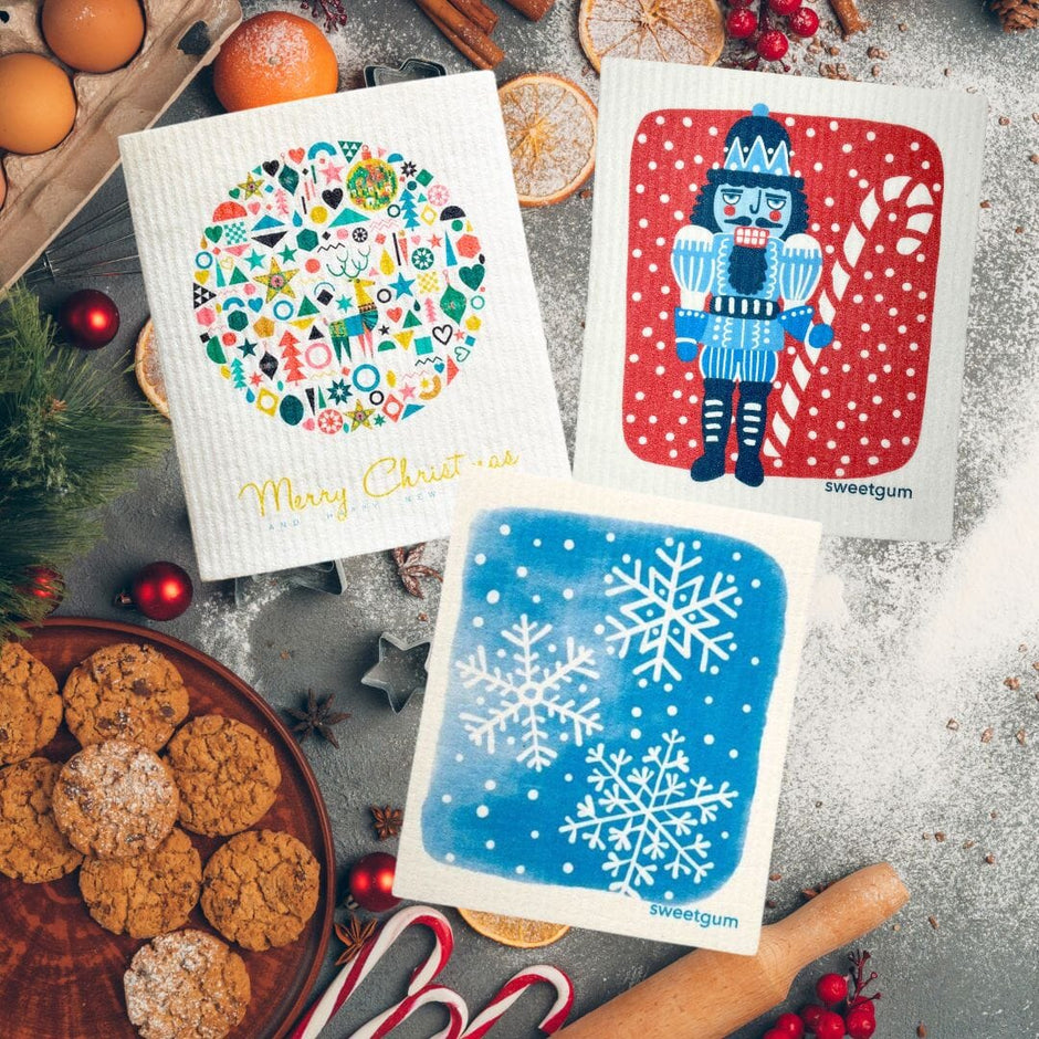 Blue Nutcracker, Ornament Ball, Blue Snowflakes | Bundle of 3 Swedish Dishcloths
