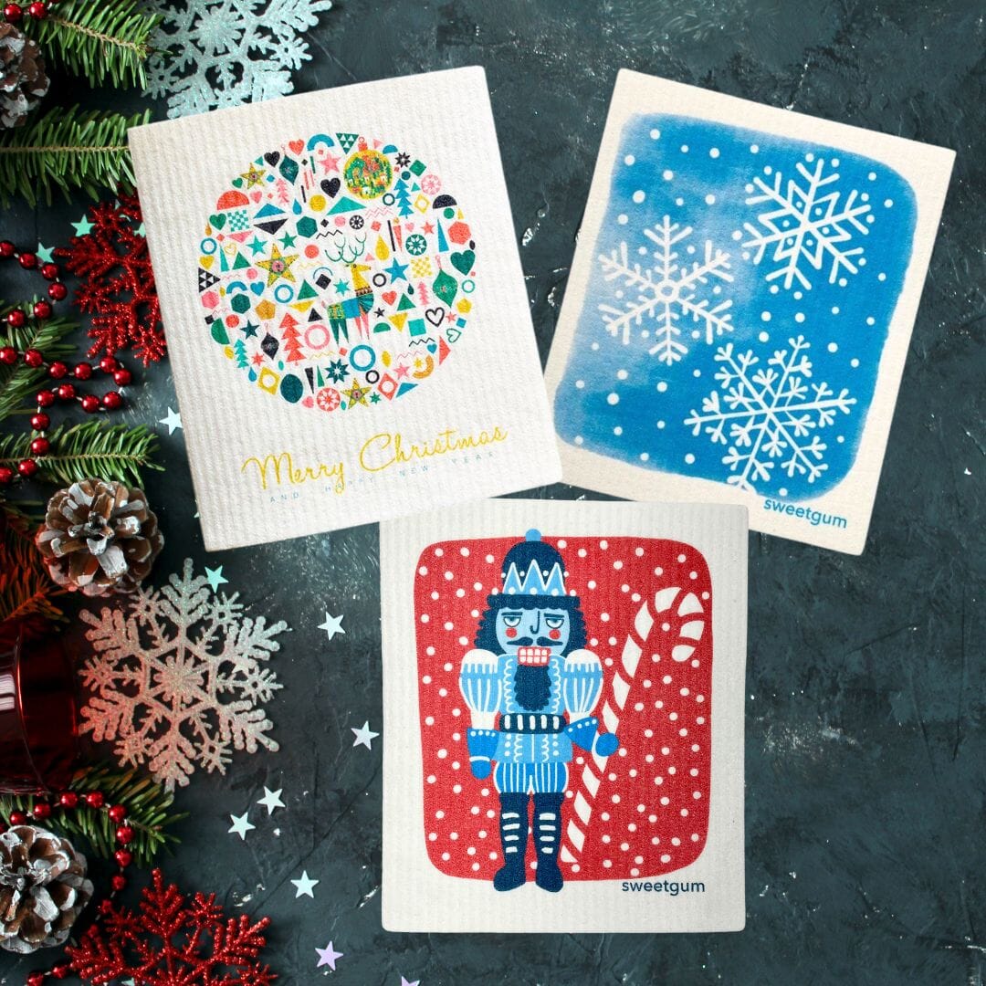 Blue Nutcracker, Ornament Ball, Blue Snowflakes | Bundle of 3 Swedish Dishcloths