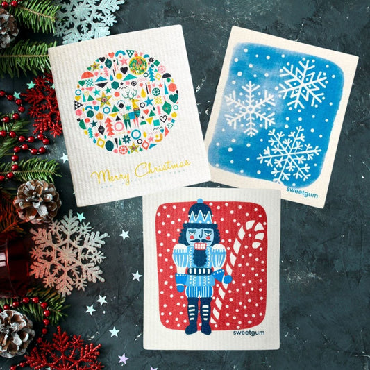 Blue Nutcracker, Ornament Ball, Blue Snowflakes | Bundle of 3 Swedish Dishcloths