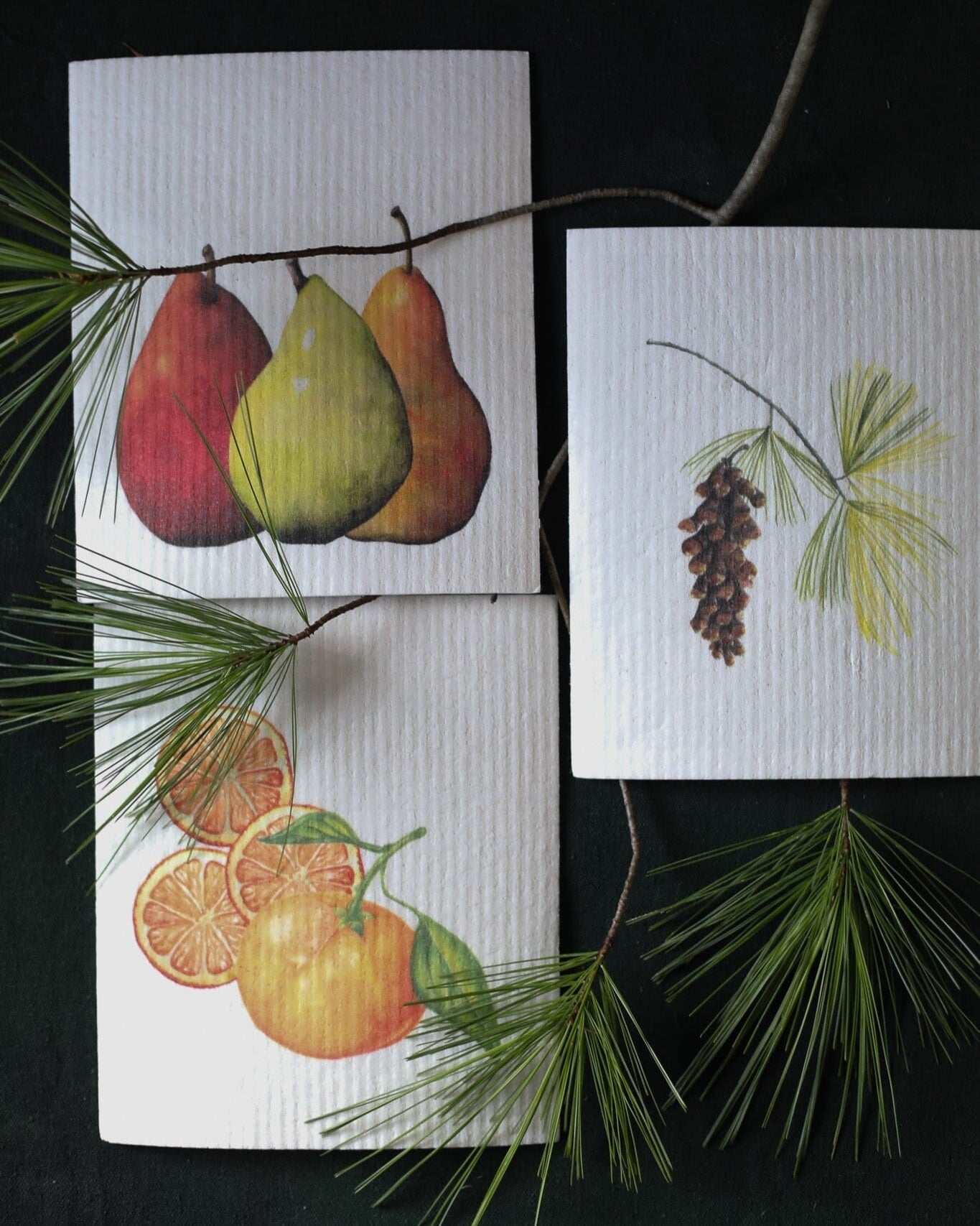 Pears, Tangerine, and Pinecone | Bundle of 3 Swedish Dishcloths-zoom-2