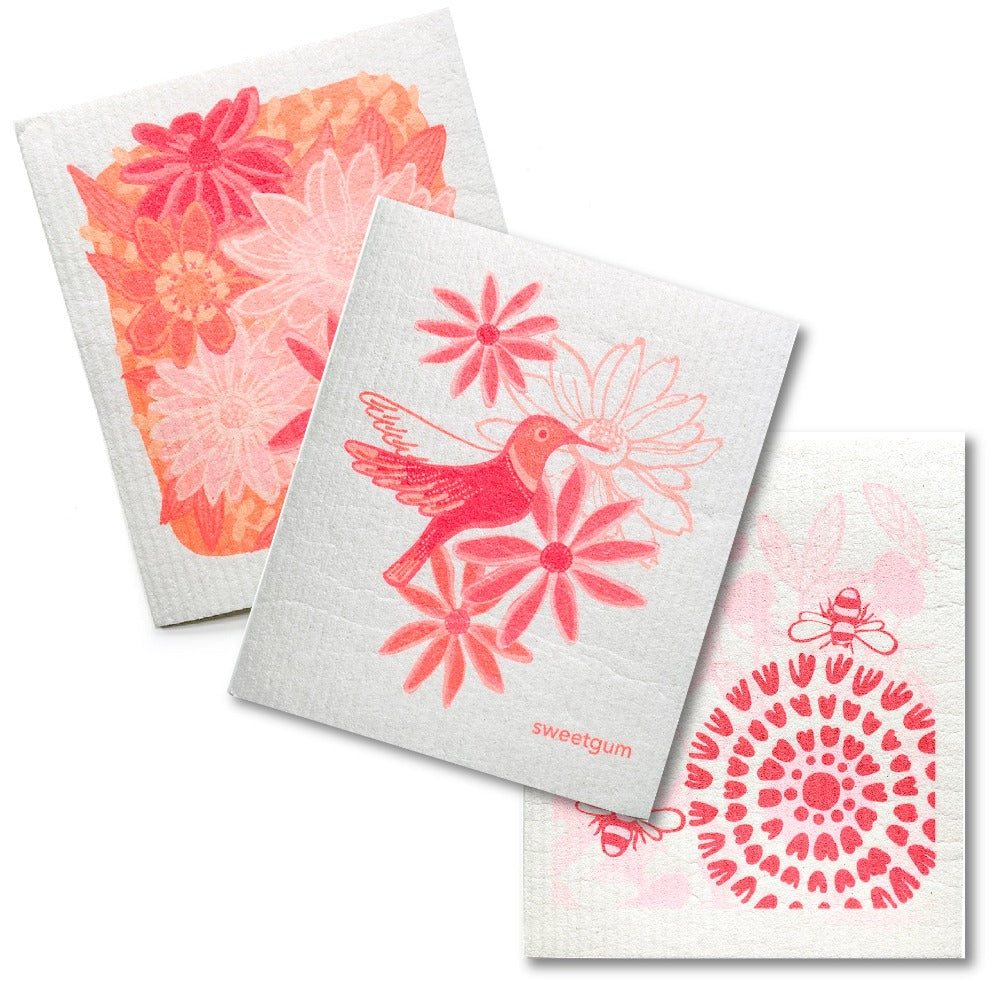 Pink Flowers & Hummingbird | Bundle of 3 Swedish Dishcloths-zoom-1