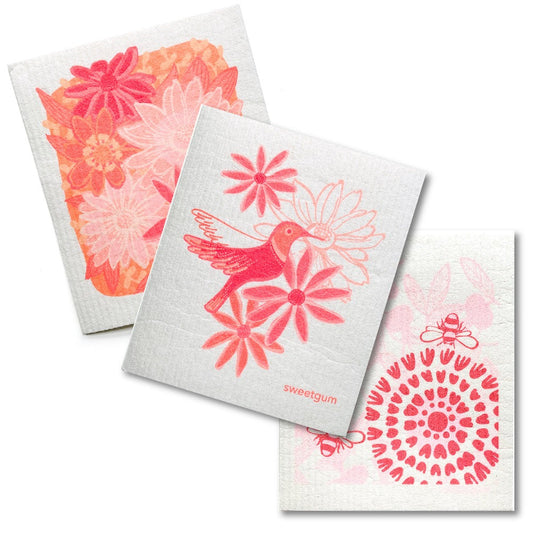Pink Flowers & Hummingbird | Bundle of 3 Swedish Dishcloths