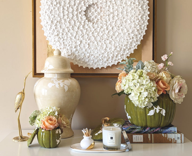 Chinoiserie Pumpkin Jars with 22K Gold Accents in Moss Green-zoom-