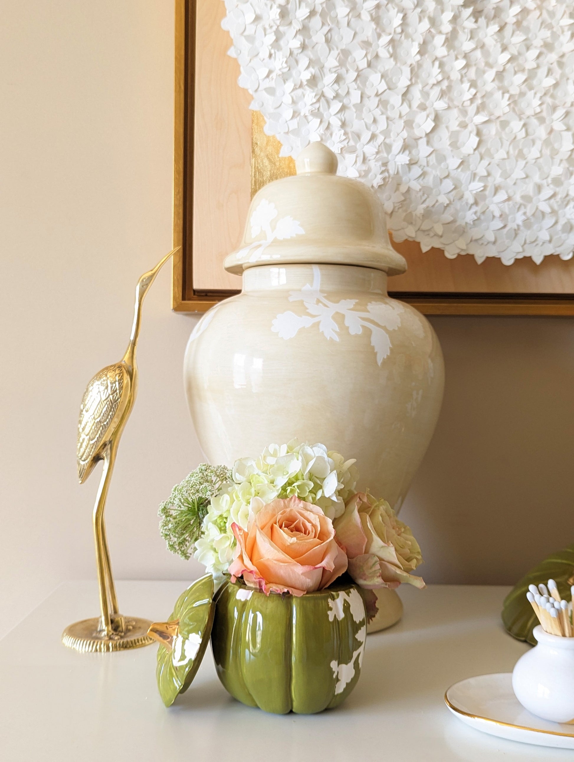 Chinoiserie Pumpkin Jars with 22K Gold Accents in Moss Green-5