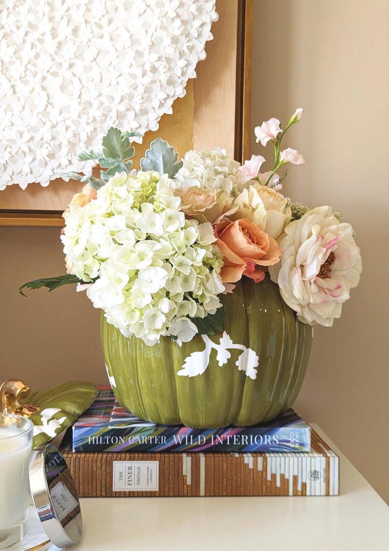 Chinoiserie Pumpkin Jars with 22K Gold Accents in Moss Green-zoom-