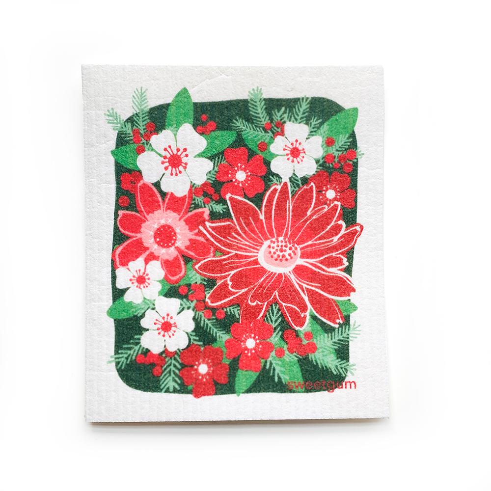 Red Flowers Tea Towel + Poinsettia Swedish Dishcloth Bundle-zoom-2