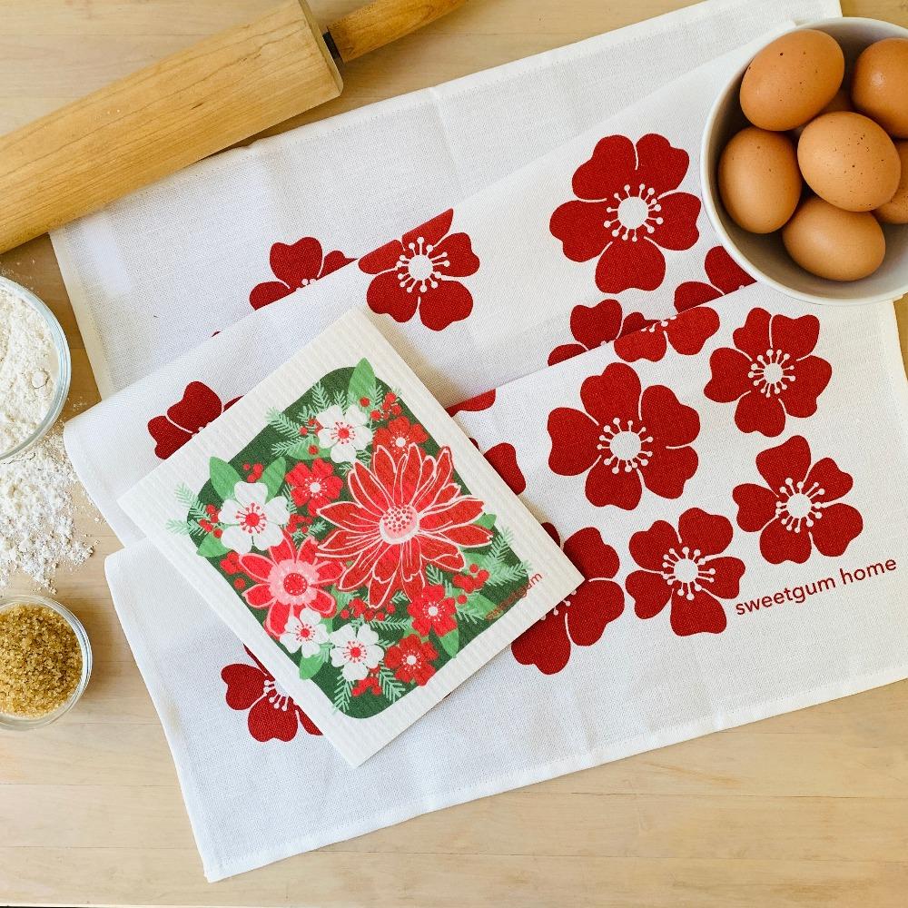 Red Flowers Tea Towel + Poinsettia Swedish Dishcloth Bundle