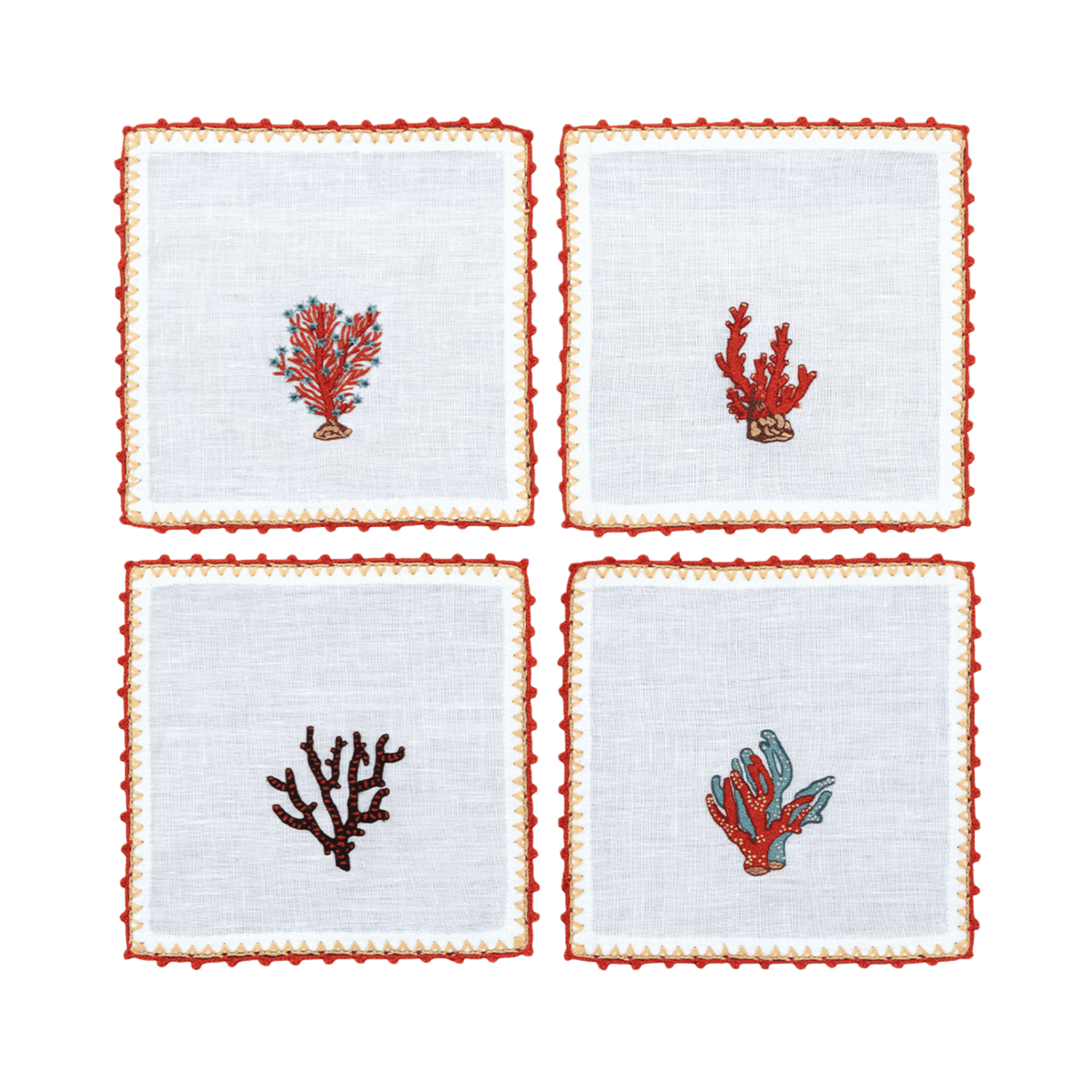 Hand Embroidered Coral Crest Cocktail Napkins | Set of 4 - Aware House - Neem Crafts -