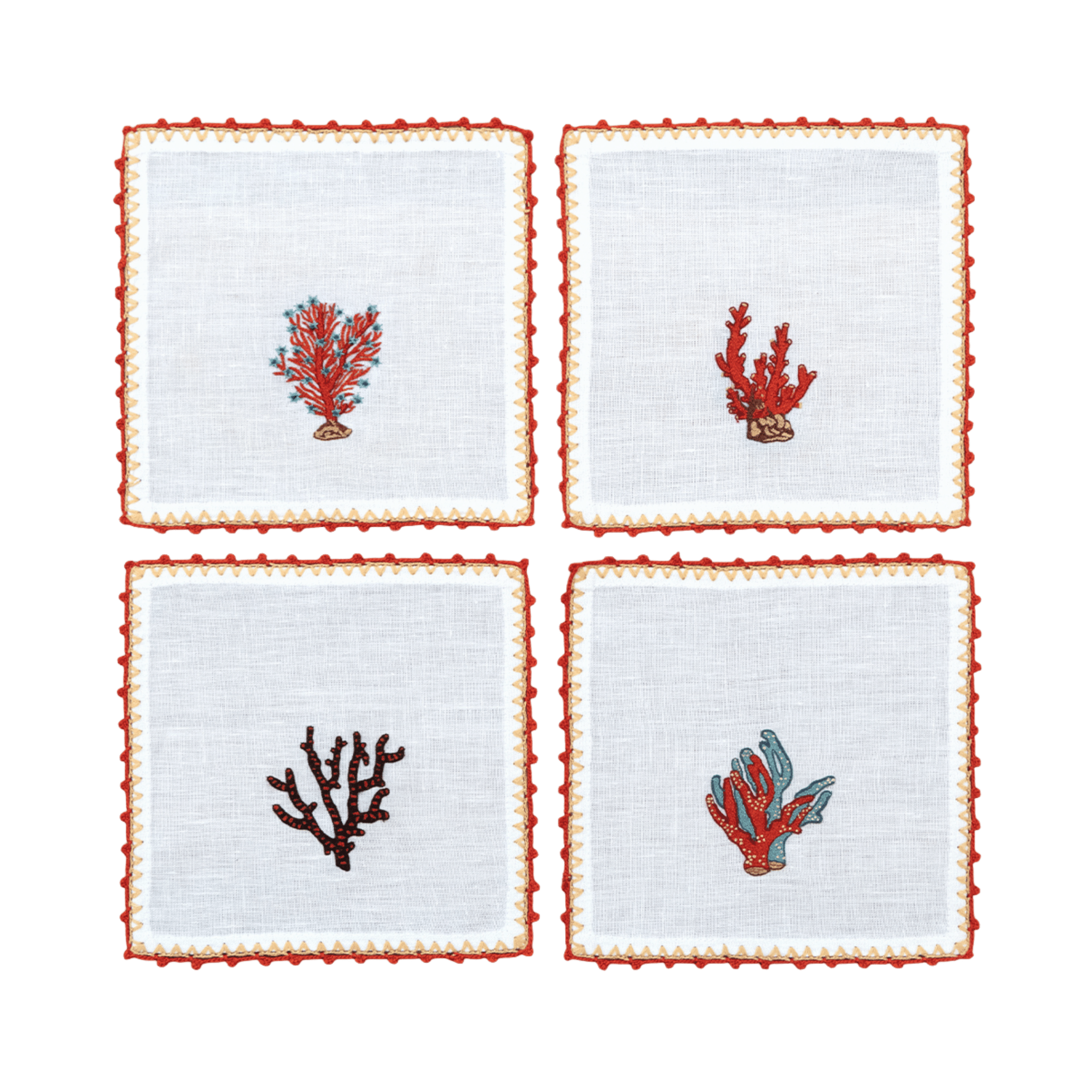 Hand Embroidered Coral Crest Cocktail Napkins | Set of 4 - Aware House - Neem Crafts -