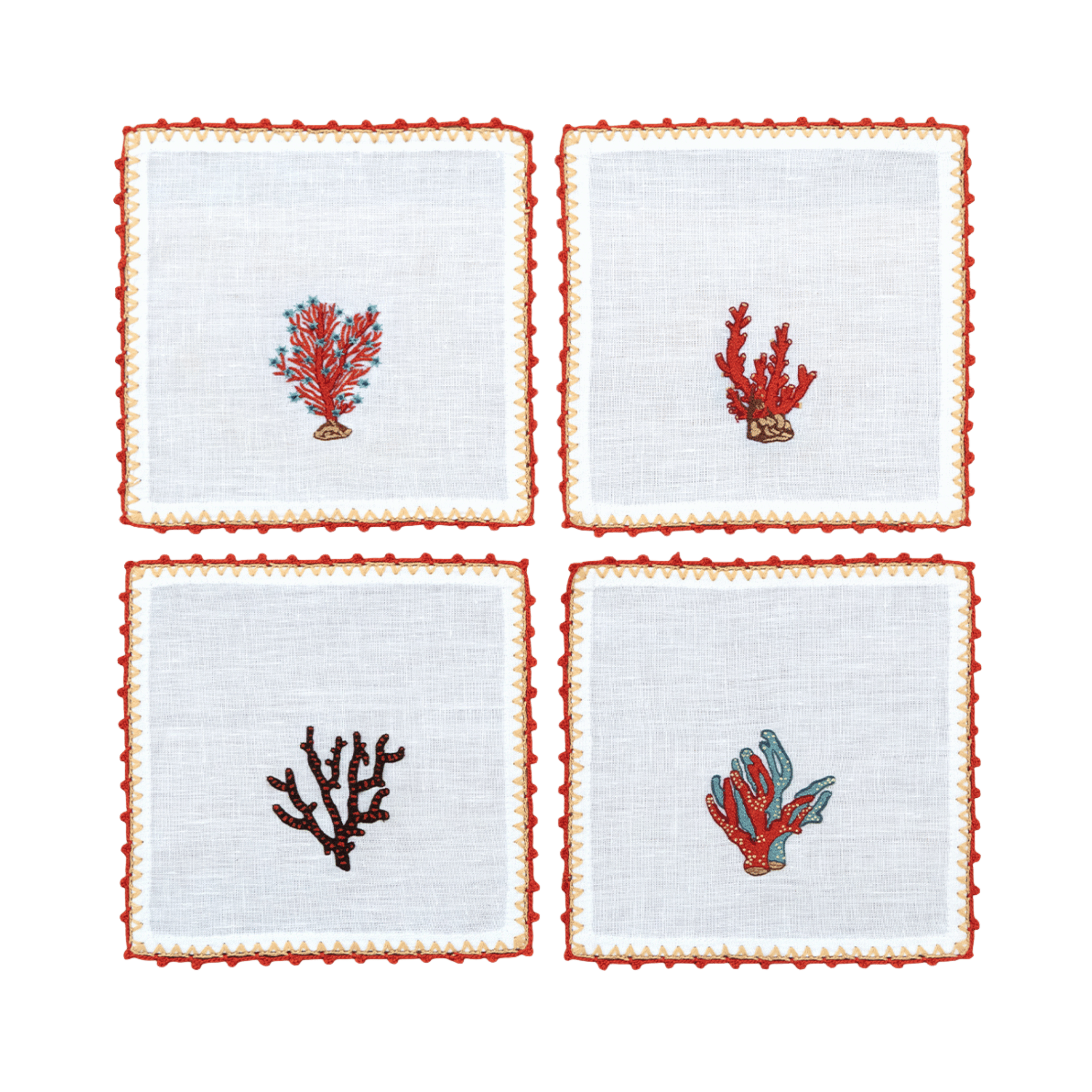 Hand Embroidered Coral Crest Cocktail Napkins | Set of 4
