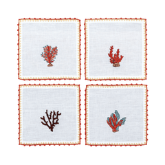 Hand Embroidered Coral Crest Cocktail Napkins | Set of 4 - Aware House - Neem Crafts -