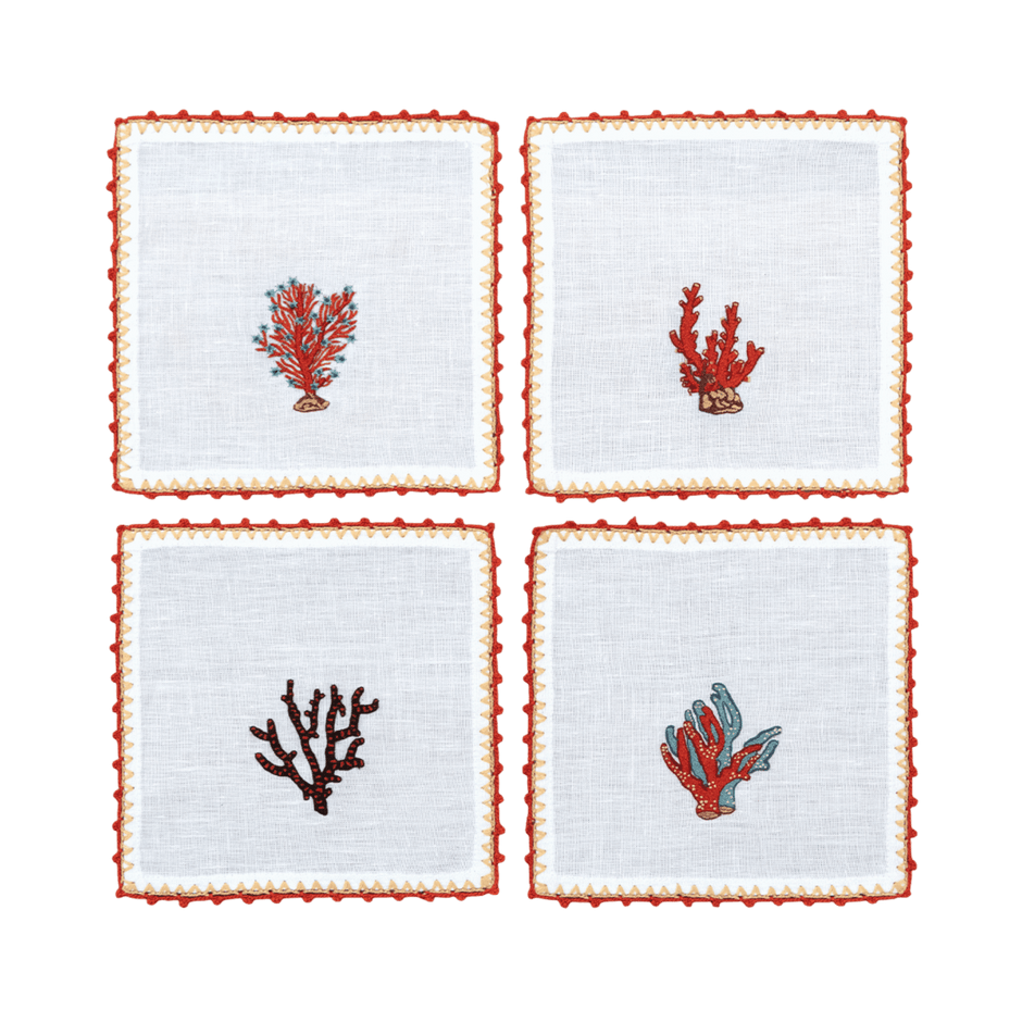 Hand Embroidered Coral Crest Cocktail Napkins | Set of 4 - Aware House - Neem Crafts -