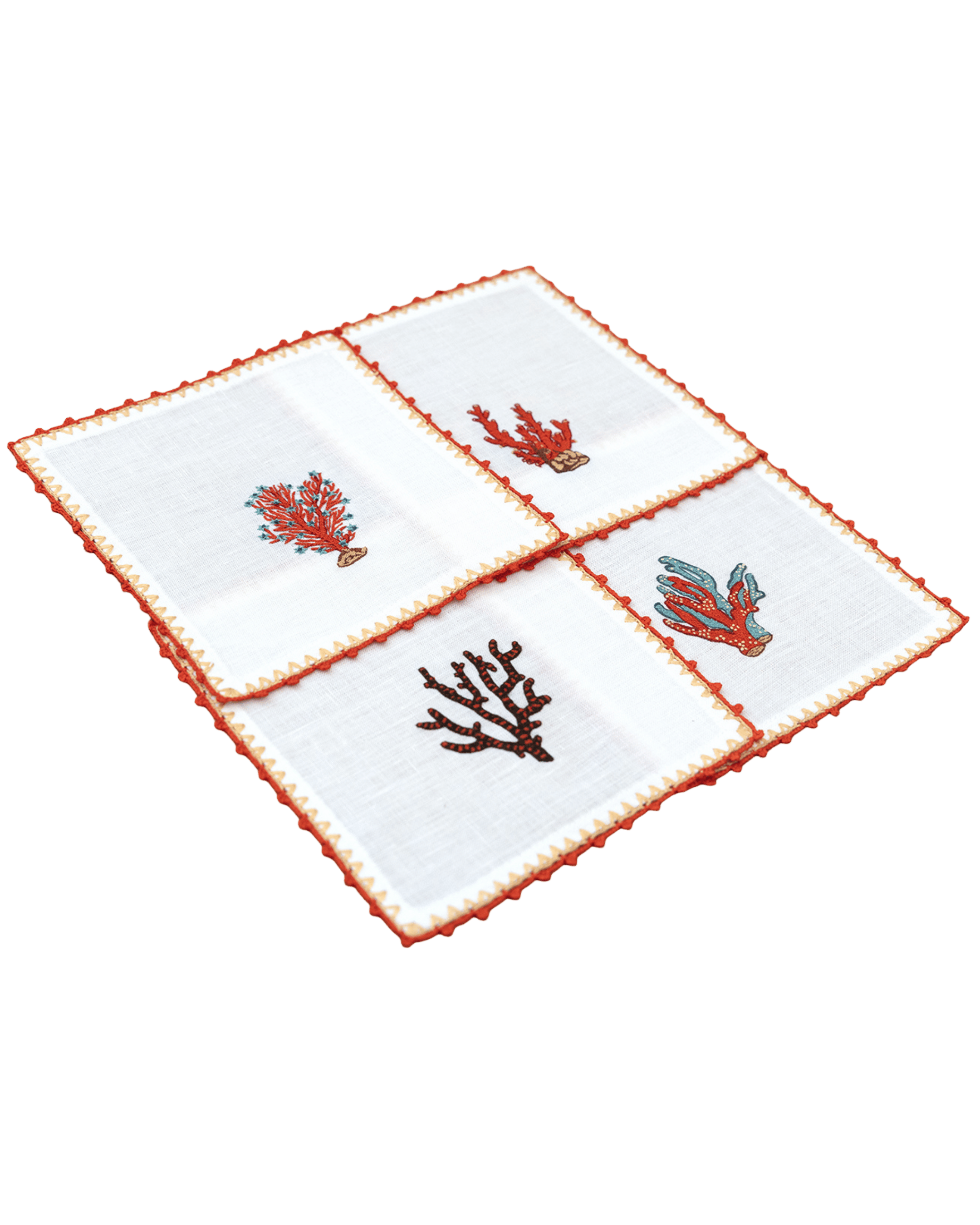 Hand Embroidered Coral Crest Cocktail Napkins | Set of 4