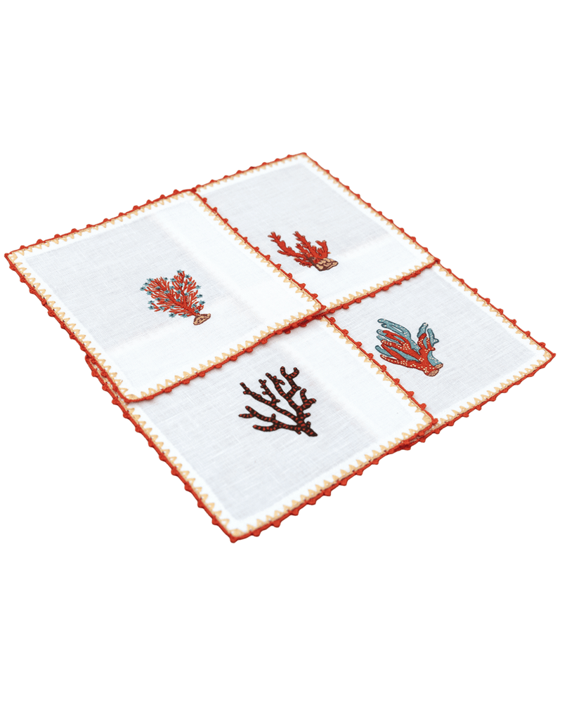 Hand Embroidered Coral Crest Cocktail Napkins | Set of 4-zoom-