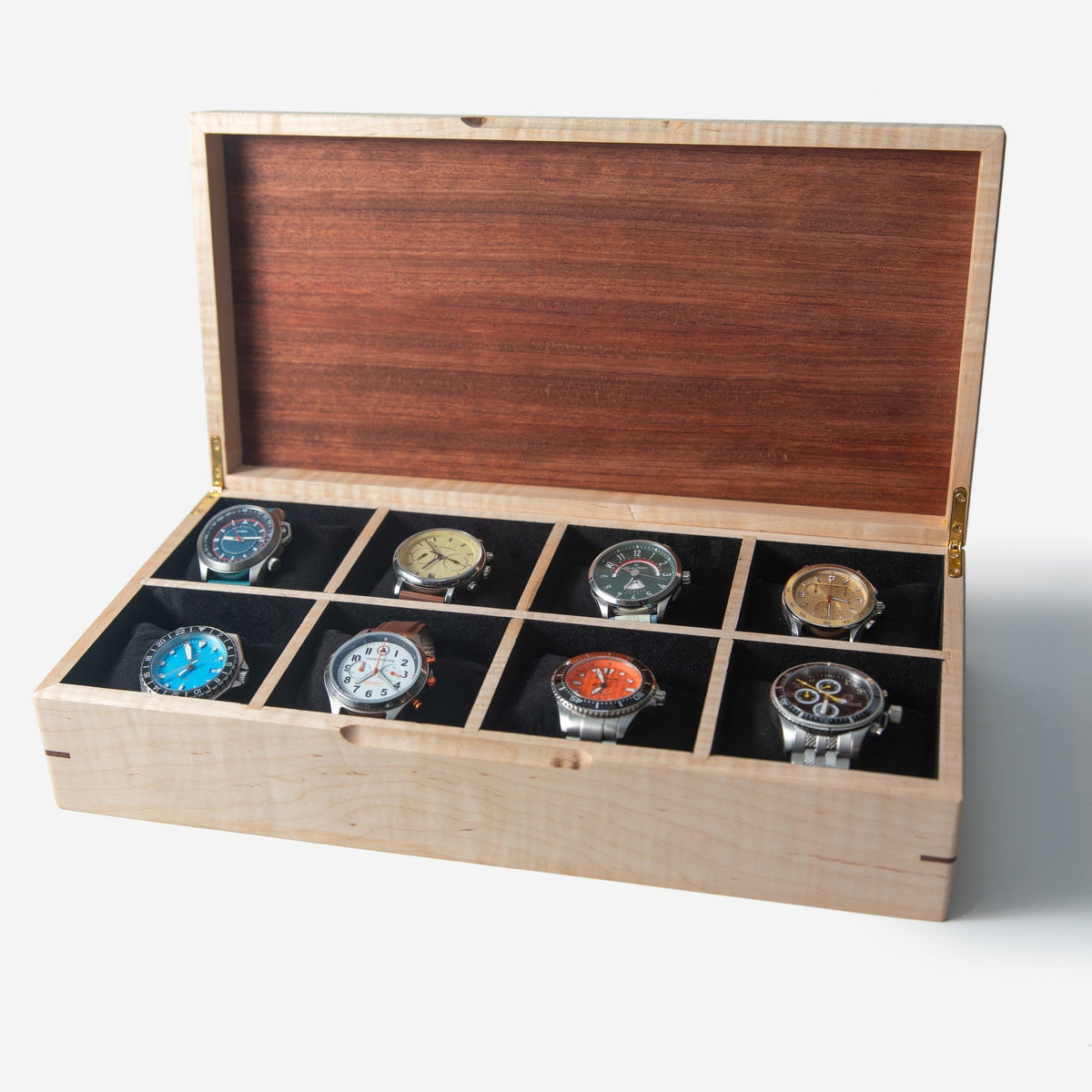 Watch Box |  Curly Maple and Sapele Mahogany | 8 Watch Compartments-13