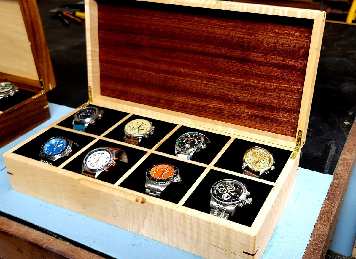 Watch Box |  Curly Maple and Sapele Mahogany | 8 Watch Compartments-zoom-20